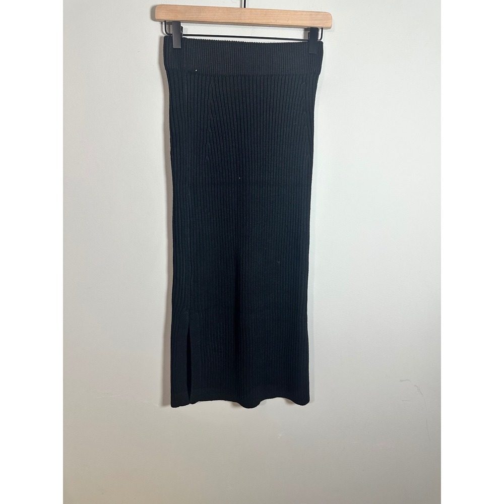 Commense Black Ribbed Knit Midi Skirt Side Slit Elastic Waist Small OA231219074